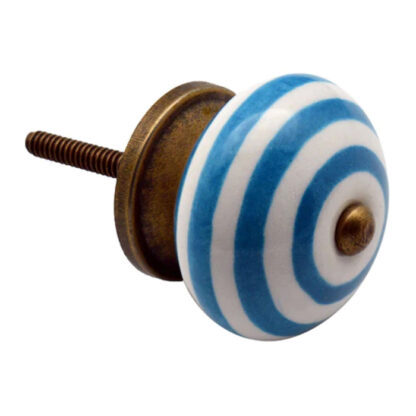 Cupboard knob light blue on white stripe