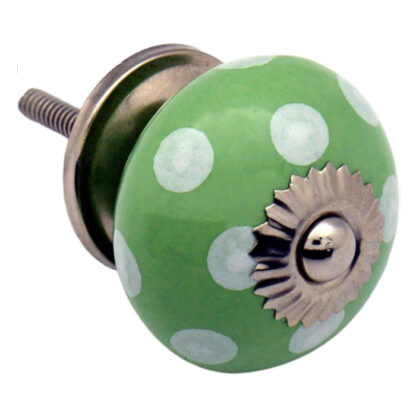 Ceramic Cupboard Knob White on Green Polka Dot