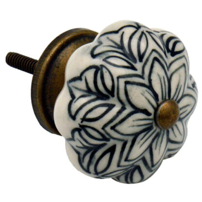 Ceramic Cupboard Knob Vintage Flower - Black