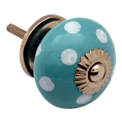 Ceramic Cupboard Knob White on Turquoise Polka Dot