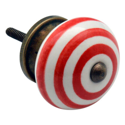 Ceramic Cupboard Knob Light Red on White Stripe